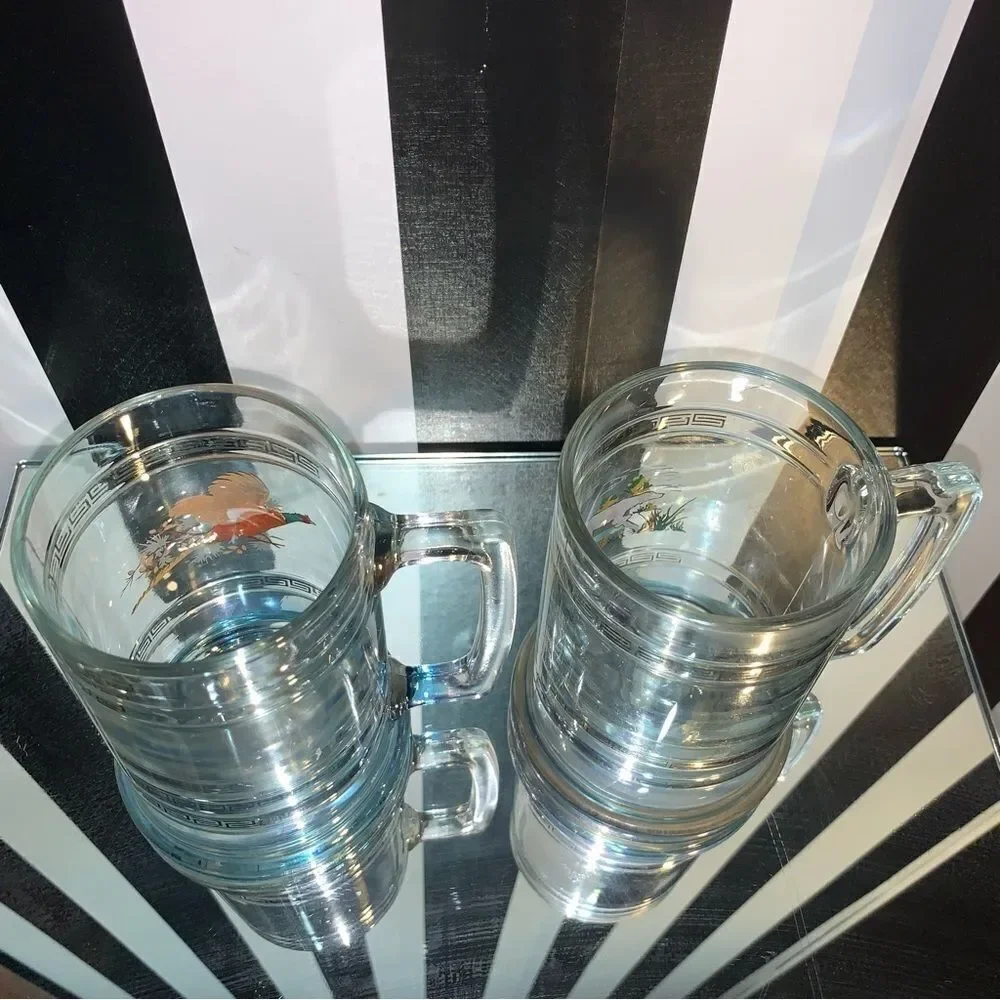 Vintage Pair of Hunting Vibe Clear Glass Beer Coffee Drink Mug With Handle